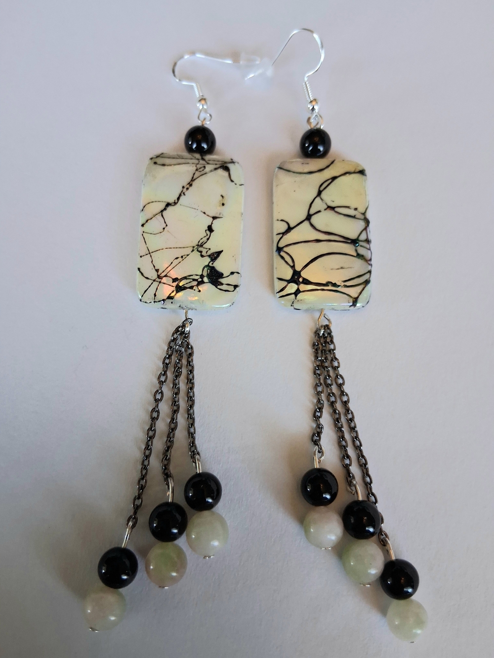 Iridescent Cream, Mint & Black 4" Dangle Earrings with Beaded Tassels
